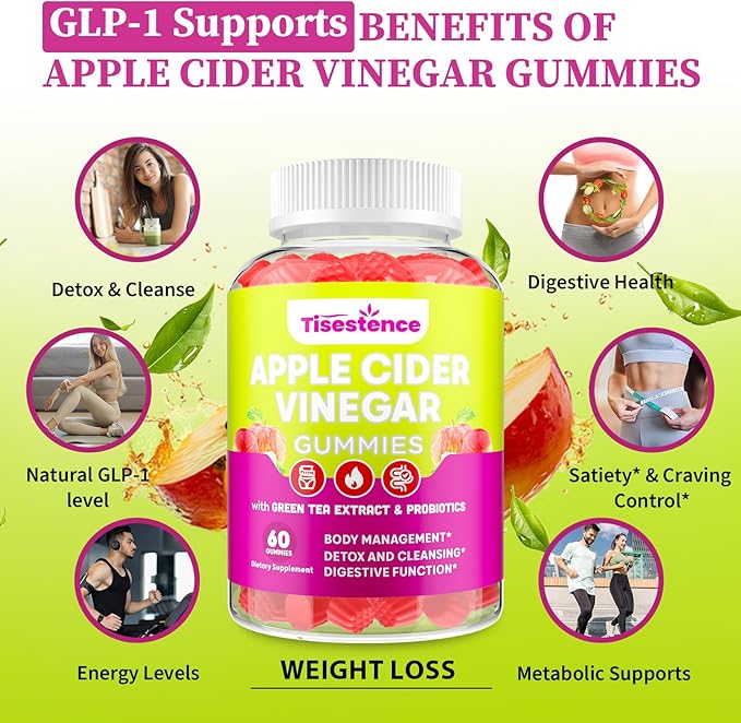 Appetite Suppressant Supplement| Akkermansia Function| Apple Cider Vinegar Gummies with Green Tea Extract, Probiotic for Fat Burner, Detox Cleanse, Metabolism, Energy & Digestive Health, 60 Gummies