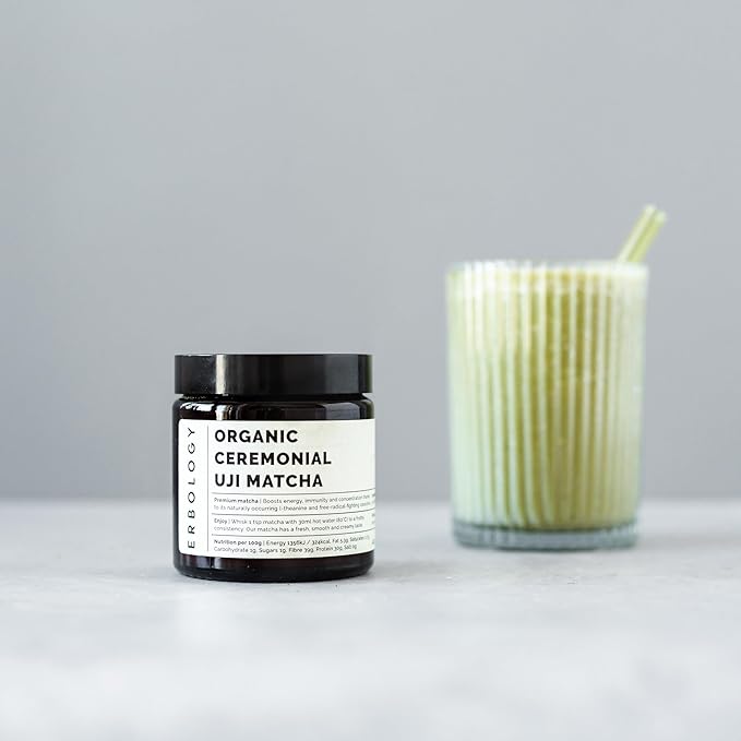 Erbology 100% Organic Ceremonial Grade Matcha 1.4 oz - Tencha Stone-Ground - Straight from Farm in Kyoto, Japan - Energizing and Stress-Reducing - Non-GMO - Recyclable Glass Jar