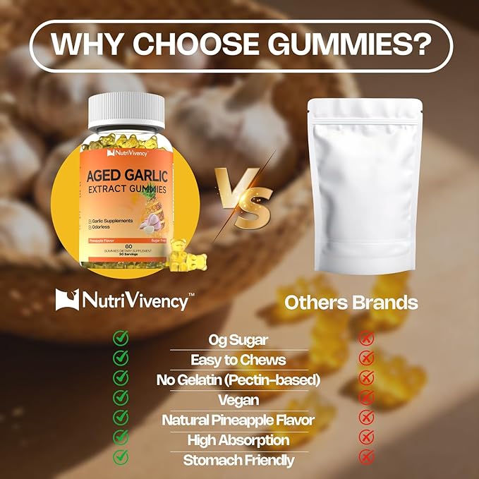 Aged Garlic Extract Gummies, 500mg Odorless Aged Garlic Supplements, Sugar Free, Vegan, Non-GMO, Pineapple Flavor, 60 Gummies