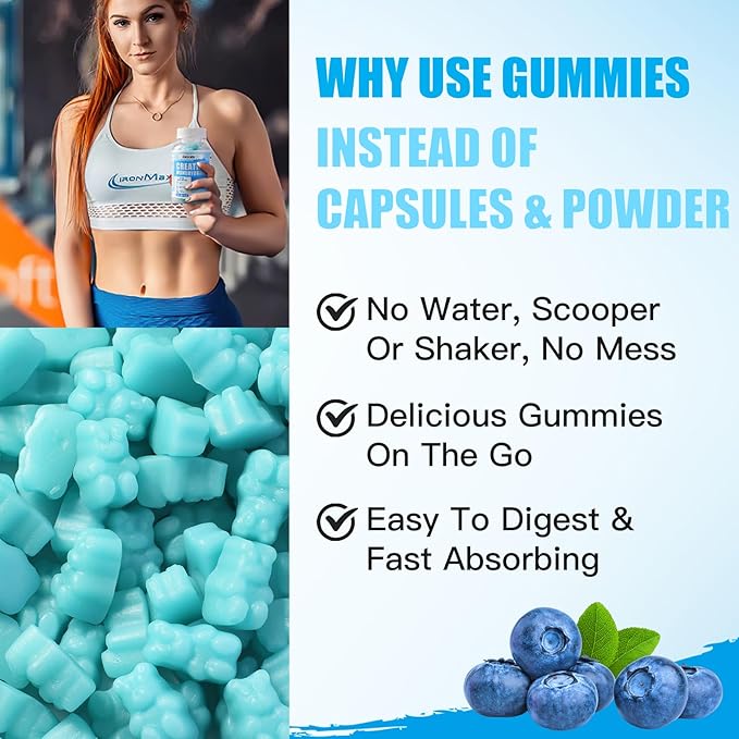 ElevateLife Creatine Monohydrate Gummies for Men & Women, Chewables Creatine Monohydrate for Muscle Strength, Muscle Builder, Energy Boost, Pre-Workout Supplement(90 Count)-Blueberry