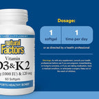 Natural Factors, Vitamin D3 & K2 1000 IU and 120 mcg, Supports Bone and Vascular Health, 60 Softgels