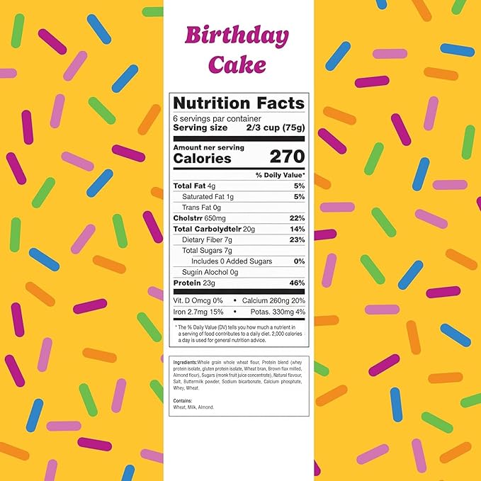 Flourish Protein Pancake & Waffle Mix, with Whey Protein & Flax Seed, No Added Sugar, High in Protein & Fiber - Just Add Water - Birthday Cake Flavour 16oz (2 pack)