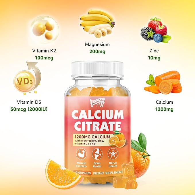Calcium Citrate Gummies 1200 mg with Vitamin D3, K2, Magnesium, Zinc, Bone Support for Bones, Muscles & Joints,Immunity & Memory Support, 60 Count