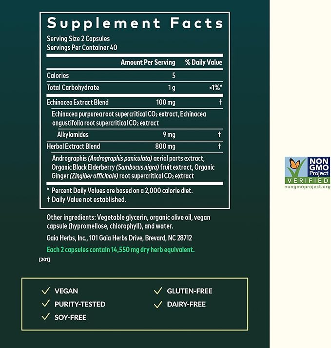 Gaia Herbs Quick Defense - Fast-Acting Immune Support Supplement* - Echinacea, Black Elderberry, Ginger & Andrographis - 80 Vegan Liquid Phyto-Caps (40 Servings)