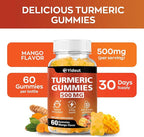 Turmeric Curcumin Gummies, Gummy with 500mg Turmeric Curcumin and Ginger with Black Pepper Extract for High Absorption,Mango Flavor (60 Count（Pack of 1）)
