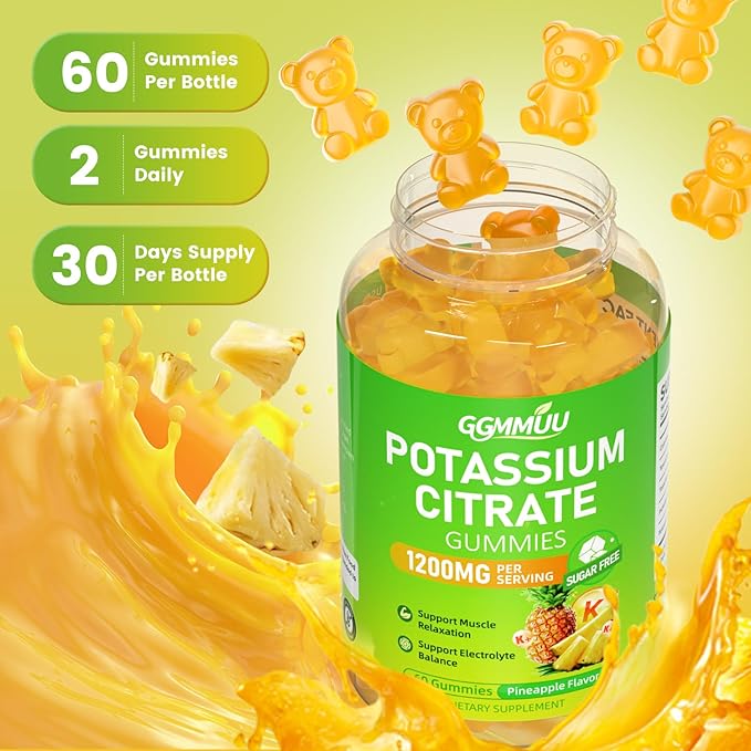 Potassium Citrate Gummies 1200mg, Chewable Potassium Supplement for Adults & Kids - Supports Muscle Health, Leg Cramps & Electrolyte Balance, Sugar-Free, Vegan, Pineapple Flavor, 60 Count