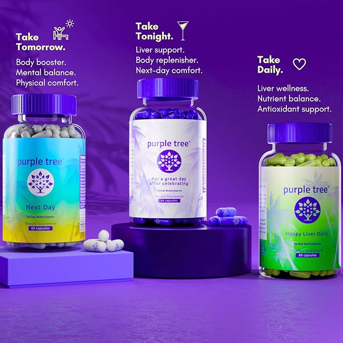purple tree Post-Celebration Wellness Supplement for Liver Support & Hydration | Liposomal Dihydromyricetin (DHM), L-Glutathione, Milk Thistle, B Vitamins, Minerals, Willow Bark | 30 Capsules