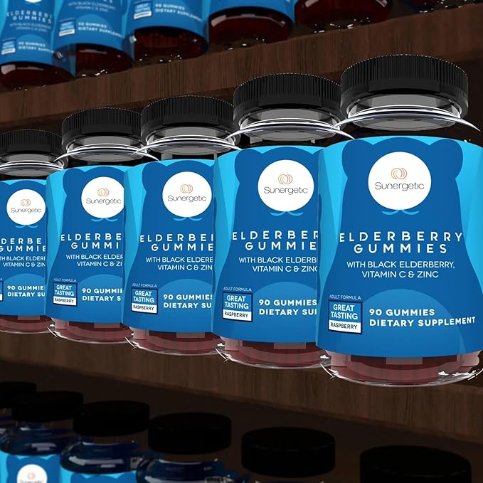 Sunergetic Premium Black Elderberry Gummies – Black Elderberry with Vitamin C & Zinc – Helps Support Immune System – Great Tasting Sambucus Elderberry Gummies – Raspberry Flavored – 90 Gummies