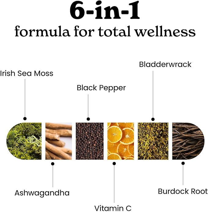3000mg Iris Sea Moss, 2000mg Black Seed Oil, 1000mg Ashwagandha, 1000mg Burdrock Root, 1000 mg Bladderwrack with Black Pepper & Vitamin C |Vitality & Energy Support | All-in-one supplement| Pack of 2