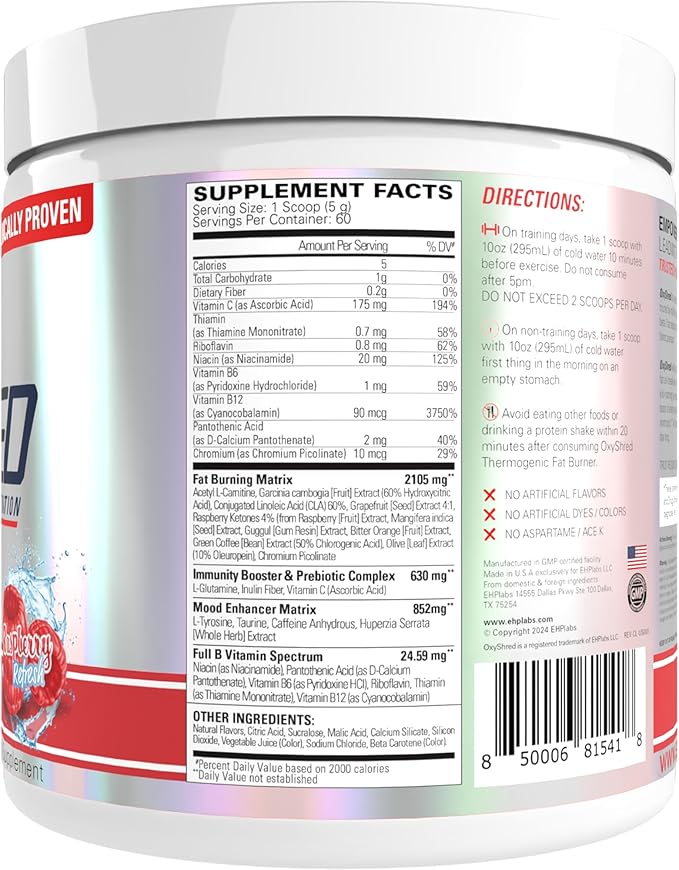 EHP Labs OxyShred Pre Workout Powder - Preworkout Powder with L Glutamine & Acetyl L Carnitine, Energy Boost Drink - Raspberry Refresh, 60 Servings