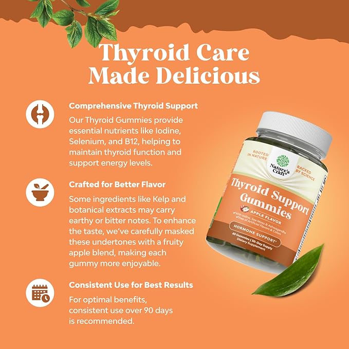 Vegan Thyroid Support Gummies with Sea Moss - Thyroid Support Gummies for Comprehensive Support for Men and Women with Iodine Selenium and Other Potent Vitamins - Gelatin-Free Non-GMO - 60 Count