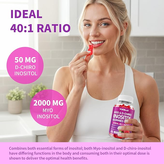 Pack of 2 Myo-Inositol & D-Chiro Inositol Gummies, 40:1 Ratio Inositol Supplement with Vitamin D3, Magnesium Glycinate, Folate & Zinc, for Female Health & Wellness, Raspberry Flavor, 120 Count