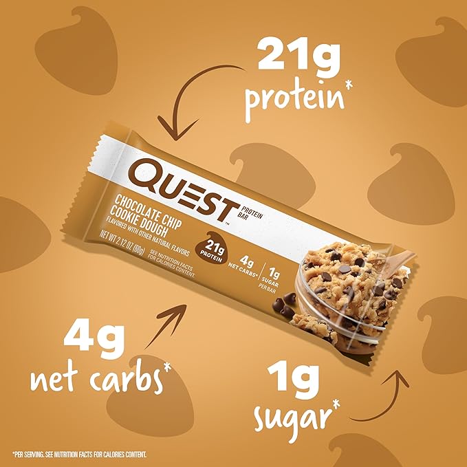 Quest Nutrition Chocolate Chip Cookie Dough Protein Bars,21g Protein,4,Net Carbs,1g Sugar,High Fiber,Gluten Free,Keto Friendly,4 Count (Pack of 2)