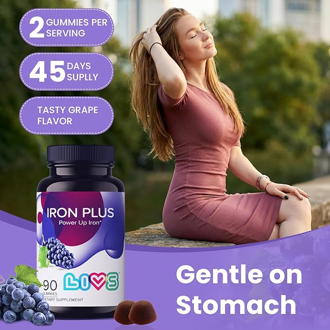 LIVS Iron Plus Gummies – 20mg Gentle Iron Supplement for Women & Men – Anemia Support – Vitamin C for Absorption – Biotin, Folate & B12 for Energy – Gluten Free, Vegan, Halal & Kosher – 90 Count