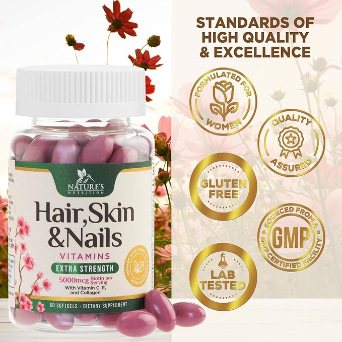 Hair, Skin & Nails Vitamins - Biotin 5000mcg Per Serving - Extra Strength Hair Growth Support For Women with Collagen, Argan Oil - Beautiful Skin, Hair & Nails Supplement - USA Bottled - 60 Softgels