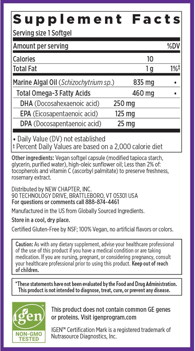 New Chapter Vegan Algae Oil, DHA, EPA, and DPA Supplement - Vegan Omega-3 Complex for Heart, Brain, Eye & Joint Support - 30 Softgels