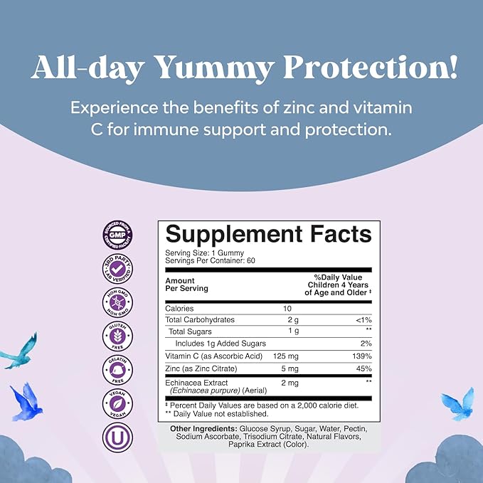 Kids Immunity Support Gummies - Delicious Vitamin C with Zinc and Echinacea Immune Booster Gummies for Kids - Vegan Gluten Free and Gelatin Free Chewable Gummy Vitamin Supplement for Children