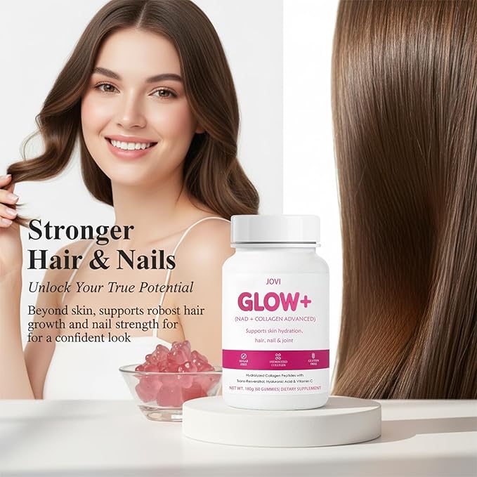Jovi Nutrition Glow+ NAD+ & Collagen Gummies,Multi-Type Hydrolyzed Collagen Peptides with Resveratrol, Hyaluronic Acid, Vitamin C & E, Skin, Hair & Nail Nutritional Support