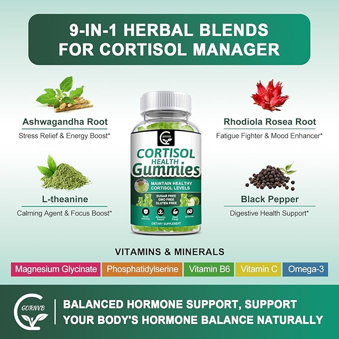 Sugar-free Cortisol Gummies, 9-in-1 Cortisol Supplement for Women with Magnesium, Ashwagandha, Rhodiola, Phosphatidylserine, L-Theanine, Black Pepper, Vitamin C & B6 - Relaxation, Focus, Sleep Support