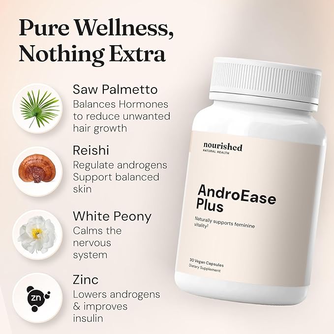 Nourished AndroEase Plus - Natural Balance Supplement for Women - Vegan Formula with Zinc & Saw Palmetto - 180 Capsules for Daily Wellness & Vitality - Made in USA