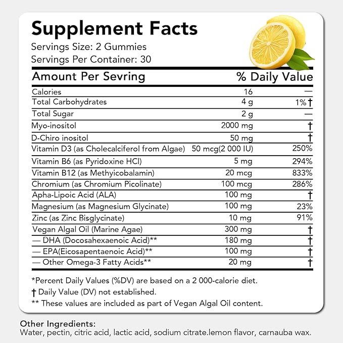 Myo & D-Chiro Inositol Gummies for Women – 40:1 Ratio Hormone Balance & Fertility Support with ALA, Vitamin D3, B12 & Chromium – Lemon Flavor Inositol Supplement for Women – 60 Gummies 1 Pack
