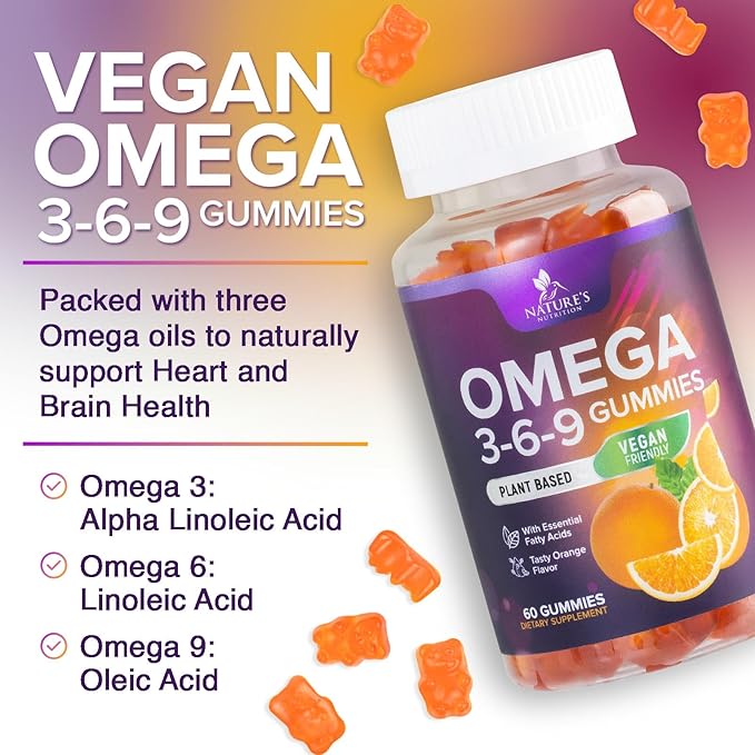 Omega 3 6 9 Gummies - Vegan Omega 3 Supplement Gummy - Essential Fatty Acids Oil 369 Complex Heart Support & Brain Support for Women, Men & Pregnancy, Fish Free Non-GMO, Orange Flavored - 120 Gummies