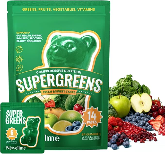 NEWELLME Daily Super Greens Gummies - 6g Fiber per Serving - Sugar-Free, Vegan & Gluten-Free - Essential Multivitamin with Probiotics for Digestive Health, Energy & Immunity - 14 Grab-and-Go Packs