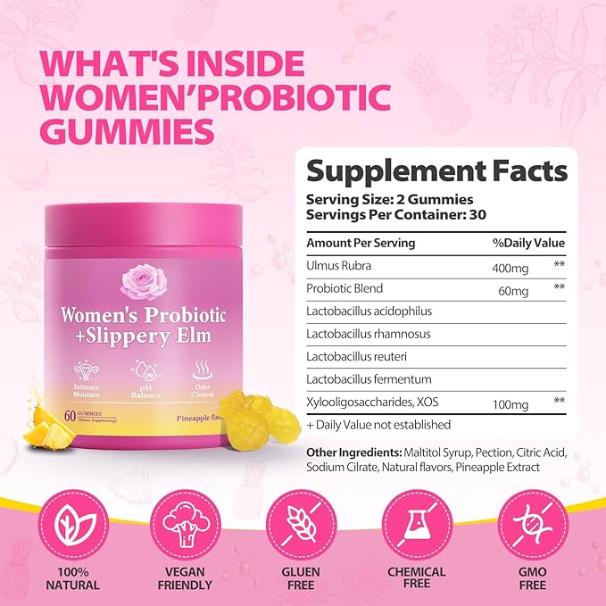 Her Juicy Feminine Probiotics Gummies with Slippery Elm Supports pH Balance Gut Health & Immune System Promote Vaginal Health for Women 60 Pineapple Gummies