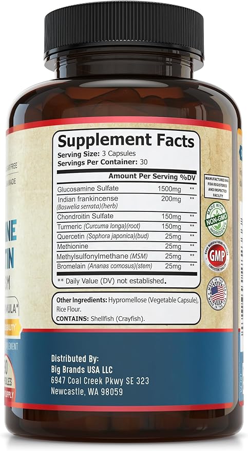 Joint Support Supplement with Glucosamine Chondroitin MSM Turmeric Boswelia. Supports Inflammatory Response, Discomfort Relief for Knees Hands Back Joints. USA Made.
