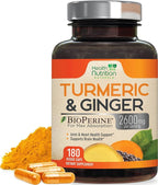 Turmeric Curcumin Supplement - 2200mg Curcumin Complex & 400mg Organic Ginger per Serving - 95% Curcuminoids & BioPerine Black Pepper for Best Absorption & Joint Support, Bottled in USA - 180 Capsules