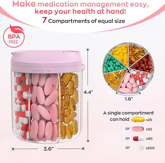 Hionxmga Pill Dispenser with 7 Large Compartments, Pill Organizer for Travel with Anti-Mixing Design, BPA-Free Pill Container with 20 Pcs Labels, Pink