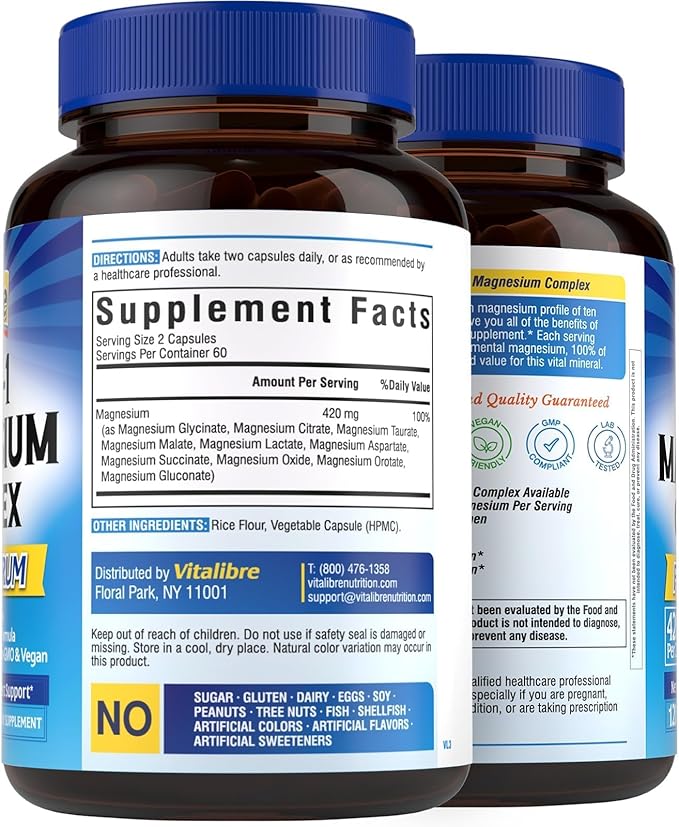 10 in 1 Magnesium Complex, 420mg Elemental Magnesium | Ultra Strength, Max Absorption | Chelated Magnesium Supplement for Nerves, Bone & Heart Health | Non-GMO, 120 Vegan Capsules