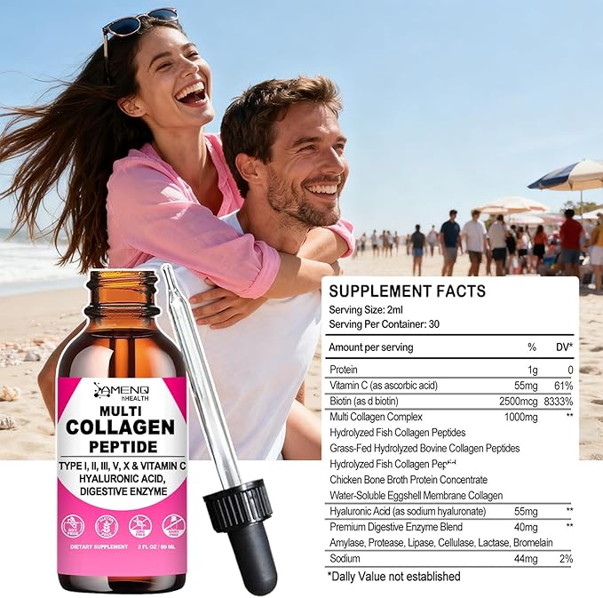 Multi Collagen Peptides Liquid Drops for Women & Men, Hydrolyzed Collagen Peptides Type (I, II, III, V, X)Proteins Complex W. Hyaluronic Acid, Biotin & Vitamin C, Support Hair Skin Joint & Gut Health