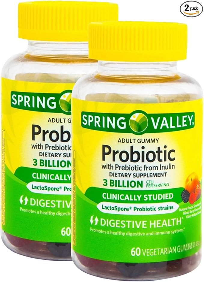 Probiotics Women and Men – 60 Vegetarian Gummies, 3 Billion CFU with Inulin, Digestive Health Supplement, Assorted Peach Strawberry Mixed Berry Flavors (Pack of 2)