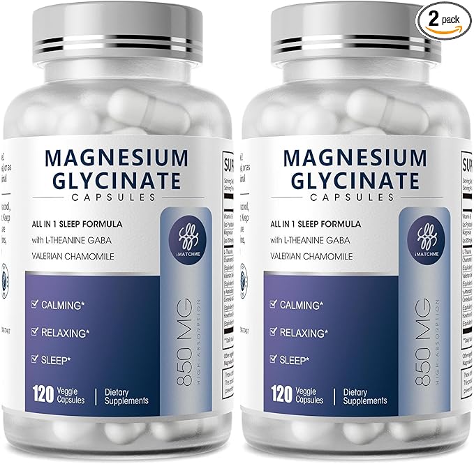 iMATCHME (2 Pack) Magnesium Glycinate 850mg Capsules with L-Theanine, Chamomile & GABA for Sleep, Calmness, Muscle, Bone Health & Immune Support, Magnesium for Women and Men, Vegan, High-Absorption