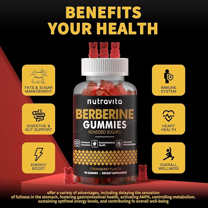 Nutravita Berberine Gummies with Ceylon Cinnamon 1500mg High Potency Berberine HCL Supplement for Immune and Metabolism Support, Sugar Free Organic Berberine Gummies Strawberry Flavor-1PACK
