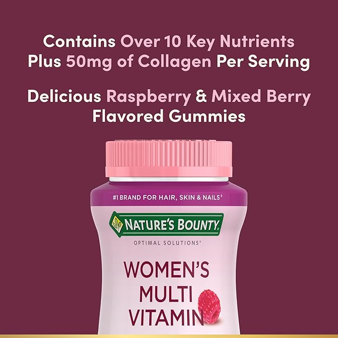 Nature's Bounty Optimal Solutions Women's Multivitamin, Immune and Cellular Energy Support, Bone Health, Raspberry Flavor, 80 Gummies, 40 Total Servings