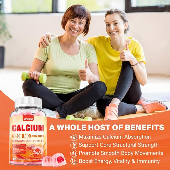 Calcium 1200 mg with Vitamin D3 Supplement for Adults - Calcium Gummies with Vitamin D3 5000IU, K2, B12 for Women Men - Extra Absorption Calcium Citrate - Natural Strawberry Flavor, 60 Gummies