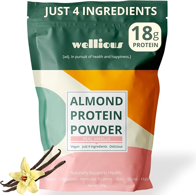 wellious Almond Protein Powder (Vanilla) - 18 Grams of Pure Healthiest Vegan Protein for Women & Men - Perfect Soy-Free & Smooth Gut Friendly Protein Powder for Sports Nutrition