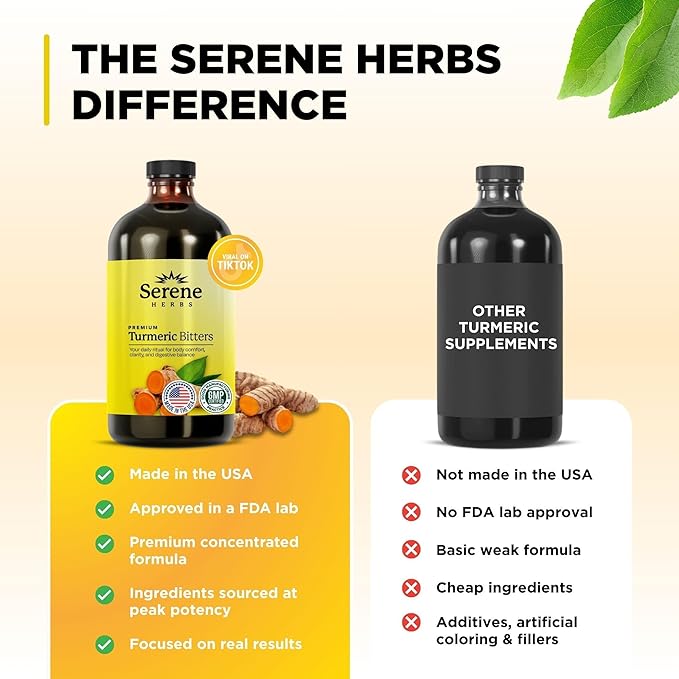 Serene Herbs Liquid Turmeric with Black Pepper - Turmeric Shots Curcumin Supplement 1000mg Extra Strength Herbal Drink, Digestive Bitters for Bloating Relief, Joint Health, Energy & Clarity - 16oz