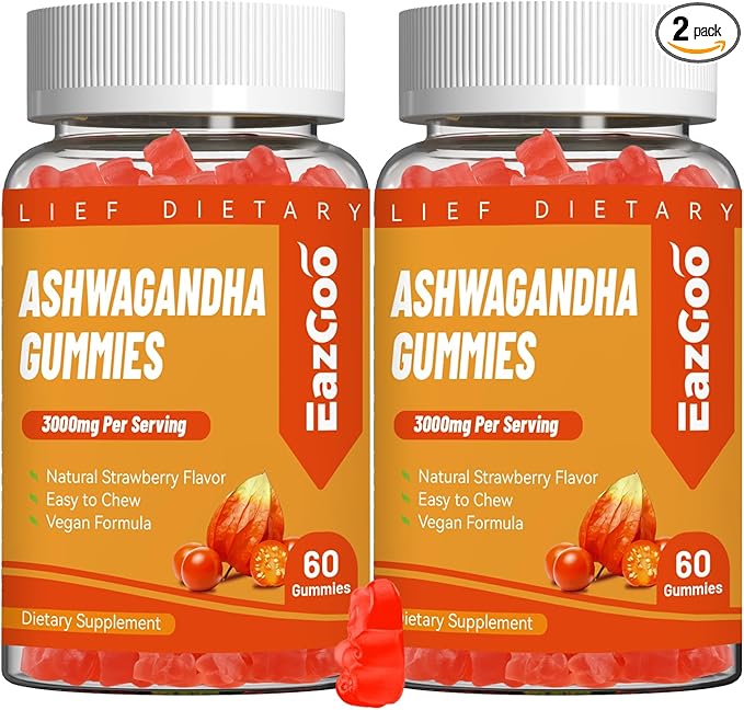 2 Pack Ashwagandha Gummies & Vitamin D3, 3000mg Extra Strength Ashwagandha Root Extract for Boosts Energy, Immune Support, Non-GMO, Strawberry Flavor, 120 Count