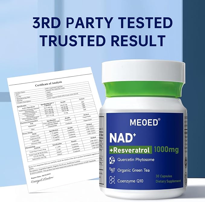 NAD+ Resveratrol Supplement 1000mg Extra Strength Liposomal with Trans Resveratrol, CoQ10, Quercetin and Organic Green Tea for Women and Men, Energy Supplements, 30 Vegan Capsules