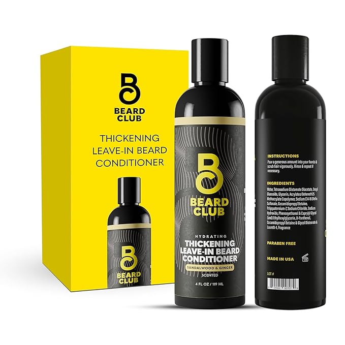 The Beard Club Thickening Leave-In Beard Conditioner for Men – Sandalwood & Ginger Cream – Hydrating Moisturizer, Softener & Lotion – Nourishes, Strengthens & Provides Itch Relief – 4oz