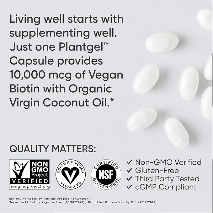 Sports Research® Biotin 10,000mcg with Organic Coconut Oil - Biotin (Vitamin B7) for Healthy Skin and Hair Support* - for Women and Men - Vegan, Non-GMO, Gluten & Soy-Free - 120 Veggie Softgels