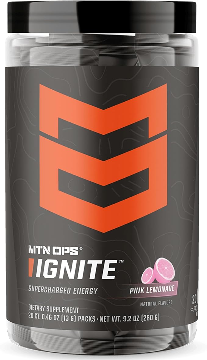 MTN OPS Ignite Sugar Free Energy Drink Powder Trail Packs with 200mg Caffeine, Travel Pre Workout Packets for to-Go Energy, Nootropic Blend, L Arginine & L Citrulline, 20 Servings, Pink Lemonade