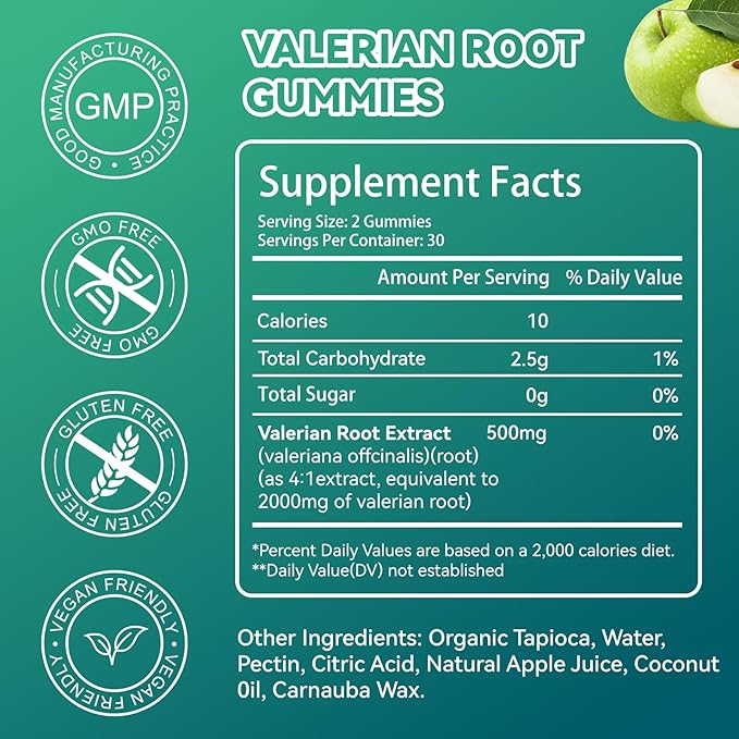 Valerian Root Gummies 2000mg, Valerian Root Extract for Relaxation & Mood Support, Herbal Supplement for Kids & Adults, Vegan, Apple Flavor, 60 Count