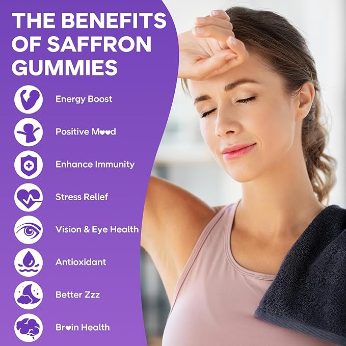 Saffron Gummies for Kids & Adults, 10-in-1 Cortisol Supplement with Saffron 88.5mg, Vitamin D3, B6, Magnesium, Zinc, Ashwagandha, L-Theanine, St. John's Wort, for Emotions, Zzz, 60 Count