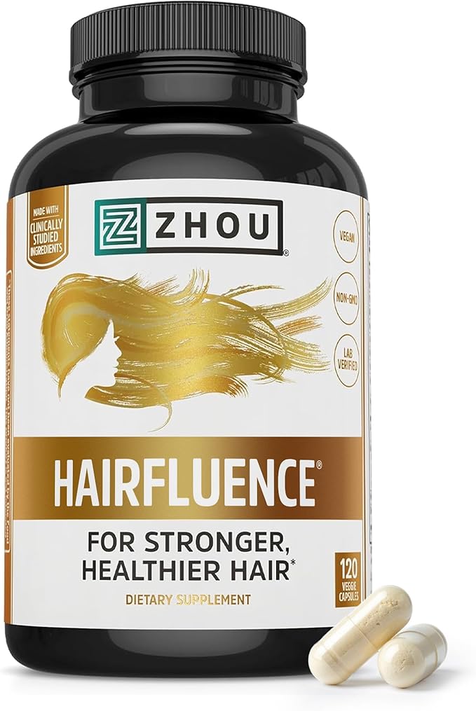 Zhou Hairfluence - Vegan Biotin Supplement for Hair Growth for Men & Women, Supports Stronger, Healthier Hair, Nails, & Glowing Skin with Lustriva & B Vitamin Complex - 120 Veggie Capsules (Pack of 1)