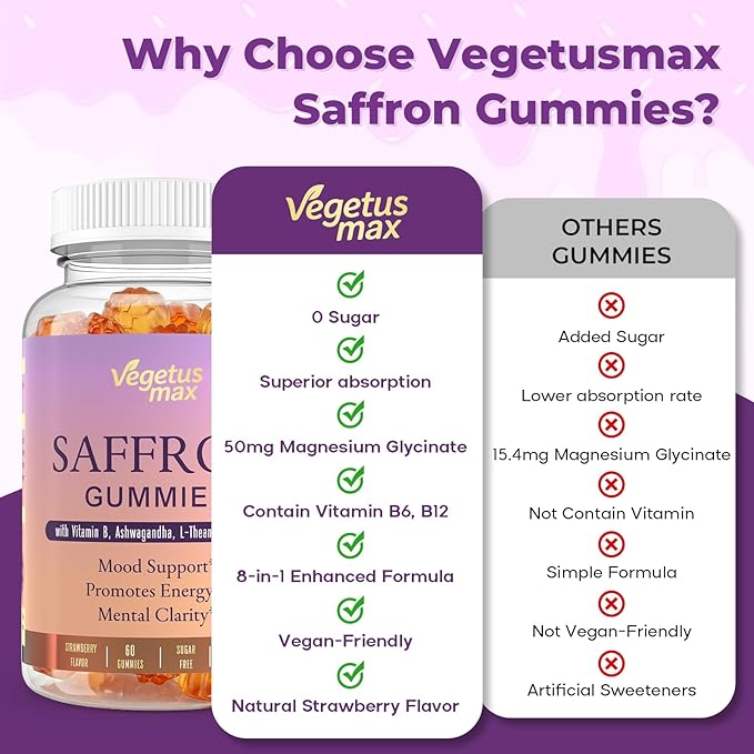 Saffron Supplements Gummies, 88.5mg Pure Saffron Extract with Ashwagandha L-Theanine Rhodiola Rosemary Magnesium Vitamin B6 B12 for Mood Focus Support Adults Kids - 60 Count