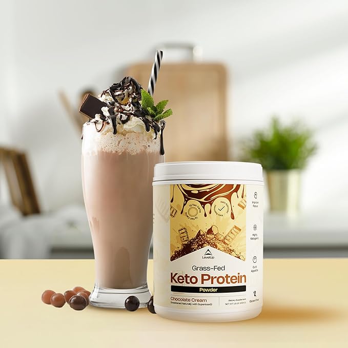 LevelUp 𝗪𝗜𝗡𝗡𝗘𝗥 - 𝗕𝗘𝗦𝗧 𝗞𝗘𝗧𝗢 𝗣𝗥𝗢𝗧𝗘𝗜𝗡 Grass-fed Collagen Protein Powder, C8 MCT Oil, Whey Protein Isolate, Irish Butter, Ketogenic Protein Shake Supplement (Chocolate Cream)